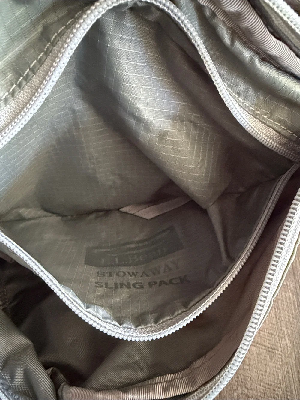 L.L. Bean Stowaway Sling Pack Light Gray with Neon Accents
